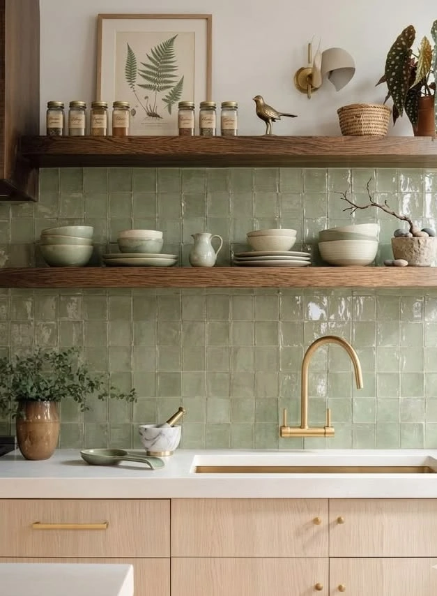 Farmhouse kitchen with sage green zellige square tile backsplash, brass faucet, and wood open shelves