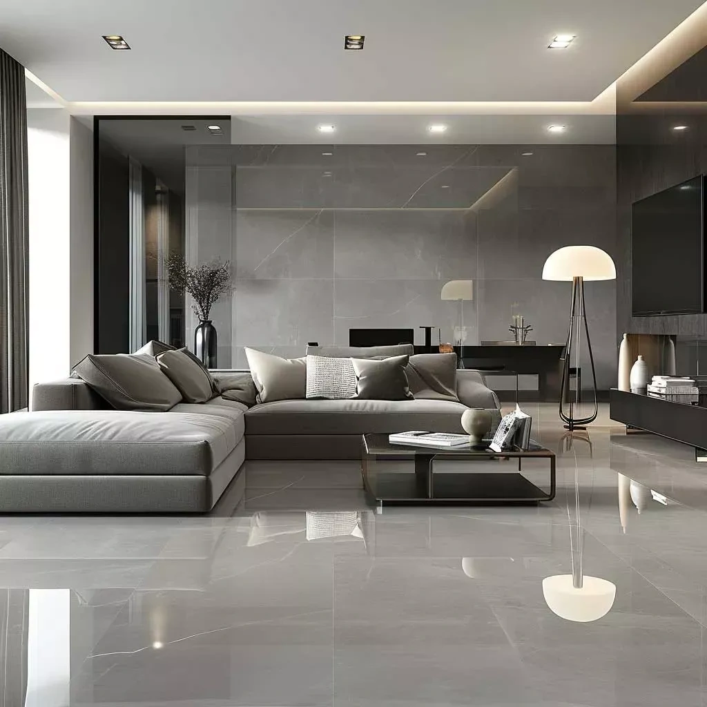 Spacious modern living room with large-format polished gray marble-look porcelain floor tile