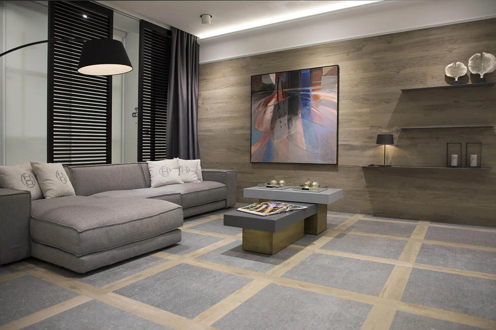 Contemporary living room with mixed gray stone and wood-look floor tile pattern